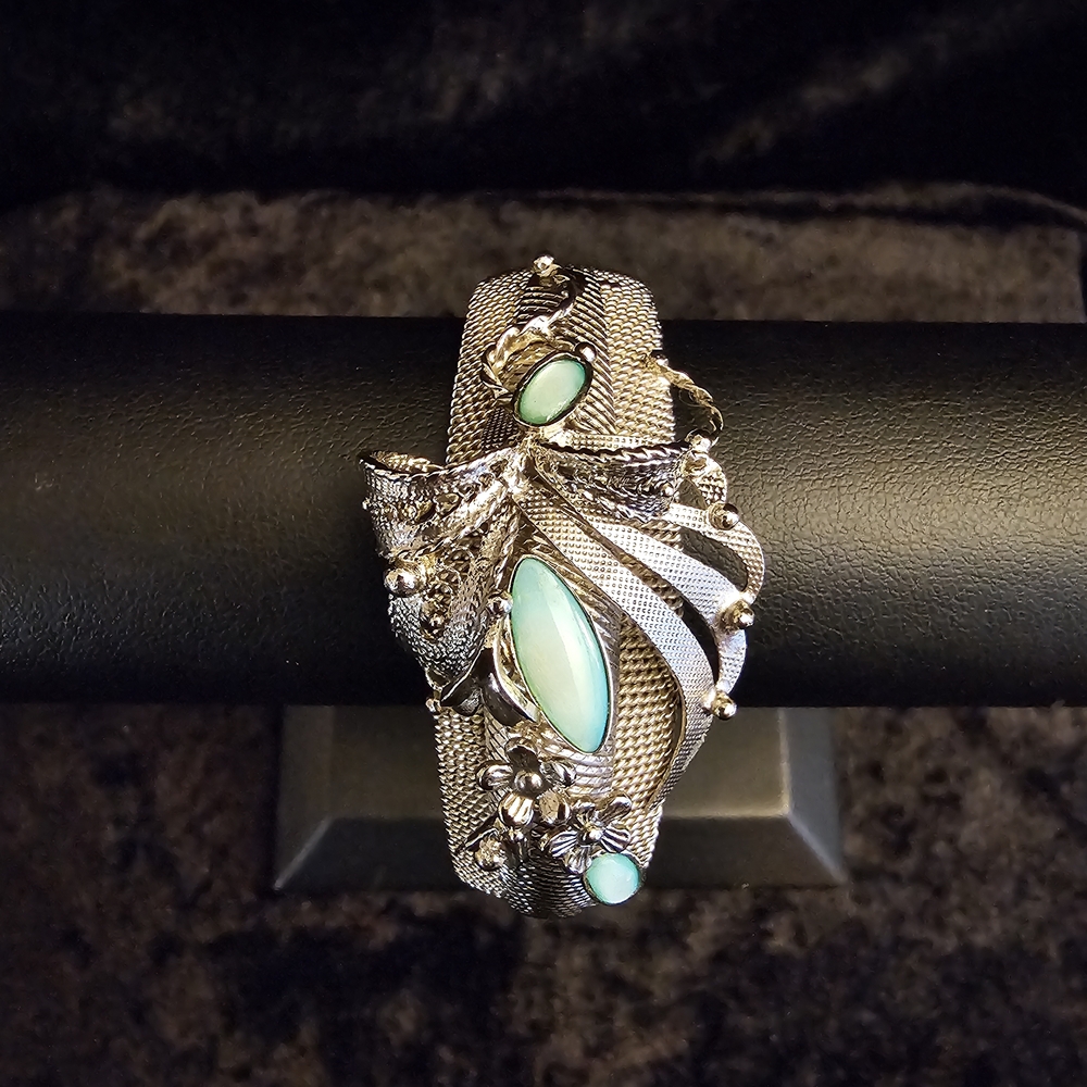 Vintage Ornate Silver-Tone Mesh Cuff with Faux Turquoise Caboch